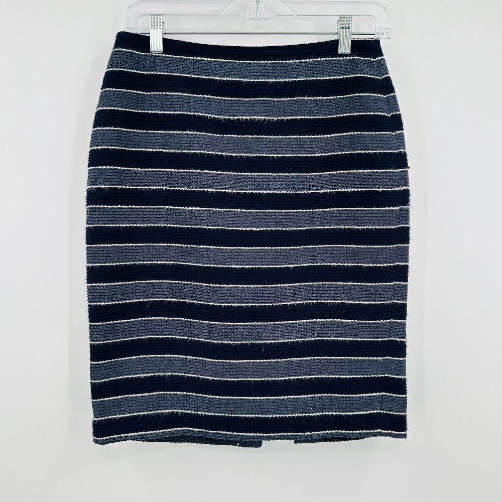 LOFT Size 2 Curvy Navy Blue Striped Career Pencil Skirt Split Back Fully Lined